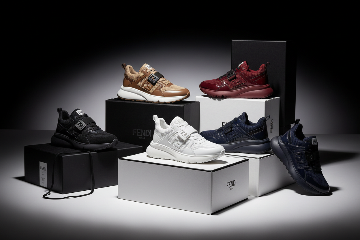 Creat best picture fendi sneaker ad  difrent colore and 5 pairs pictures in this picture difrent colore and difrent models backdround blackwhite shoes luxury look p[utt on box