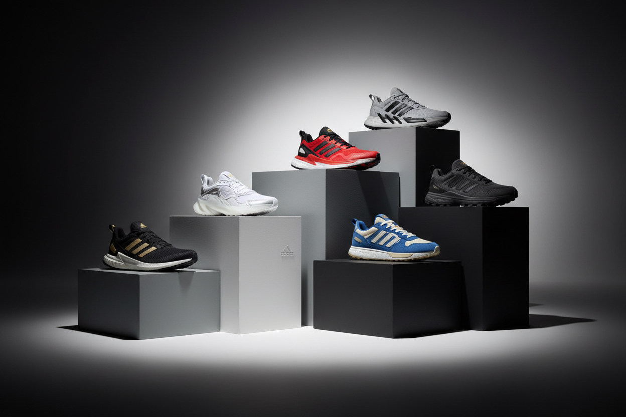 Creat best picture for adidas shoes ad 5 pais in pictures difrent model Background blakishwhite and gray luxury and shoes pitt on boexs