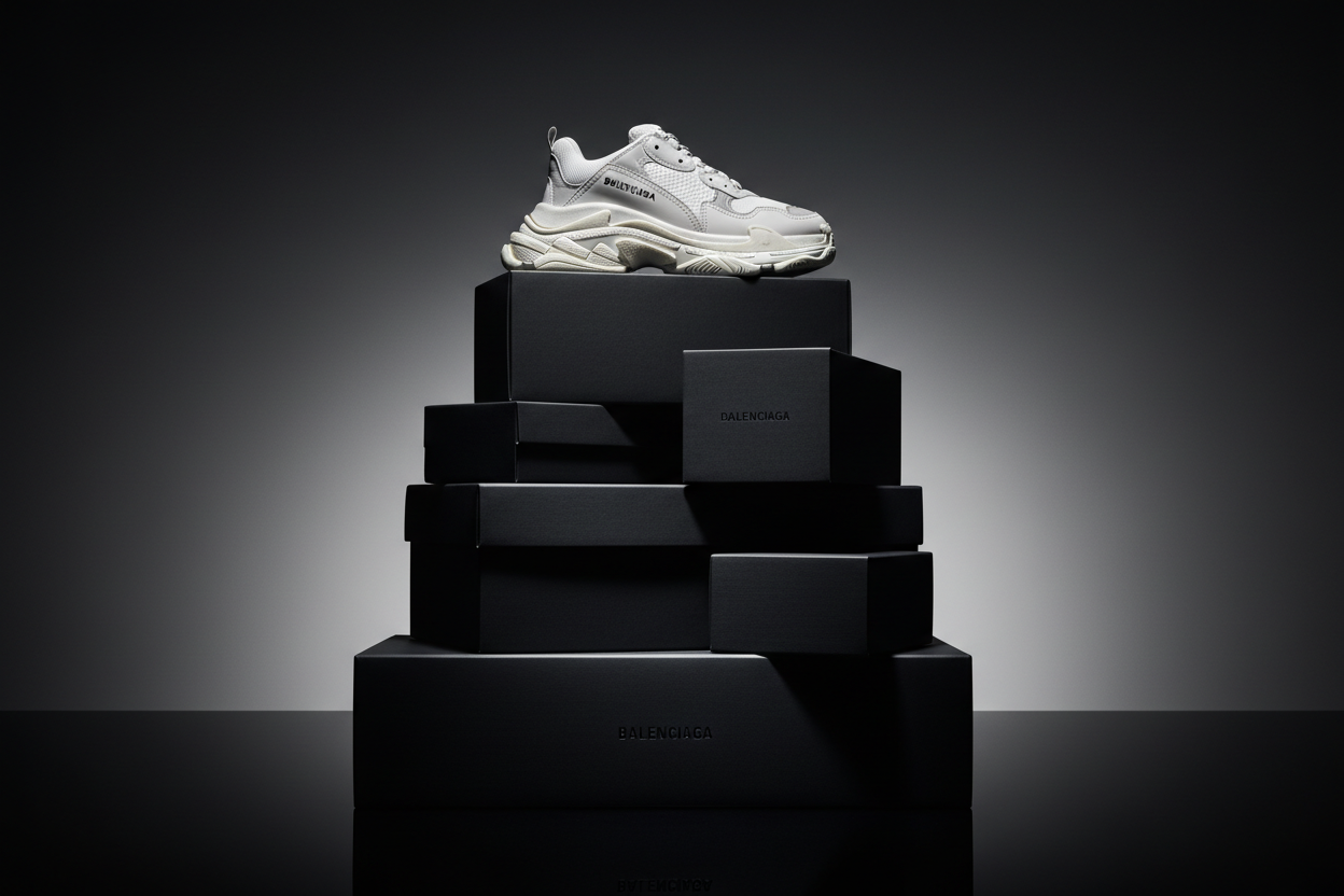 Creat best picture for Blancieaga sneaker  shoes ad 5 pais in pictures difrent model Background blakishwhite and gray luxury and shoes pitt on boexs luxury look 