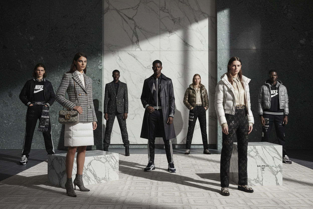 creat best picture for branded Abbigliamento Uomo e Donna nike adidas monclare gucci luis vuitton prada balmain ad all this brand in pictuer good look background lucury brackesh ehite gray all this brand putt any models creat good