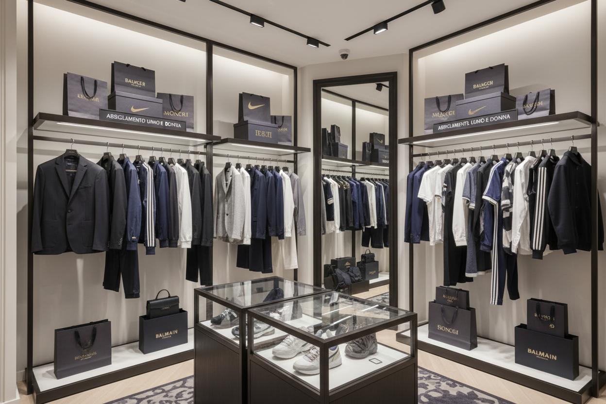 creat best picture for branded Abbigliamento Uomo e Donna nike adidas monclare gucci luis vuitton prada balmain ad all this brand in pictuer good look background lucury brackesh ehite gray all this brand  creat good in rack and box