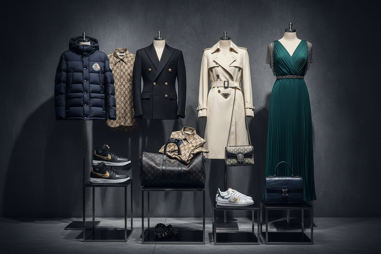 creat best picture for branded Abbigliamento Uomo e Donna nike adidas monclare gucci luis vuitton prada balmain ad all this brand in pictuer good look background lucury brackesh  gray all this brand with out pentcots and  creat good