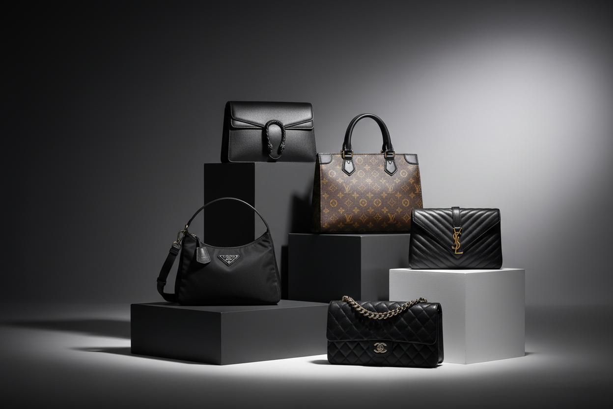 CREAT BEST PICTURE FOR BRANDED BAGS LIKRE GUCCI LOUIS VUTTION PRADA YSL CHANEL AD ALL THIS BRANDED BAGS IN THIS PICTURES LUXURY LOOK BACKGROUND BLACKESH WHITE GRAY GOOD ALL THIS BRANDED BAGS PUTT ON BOEXS