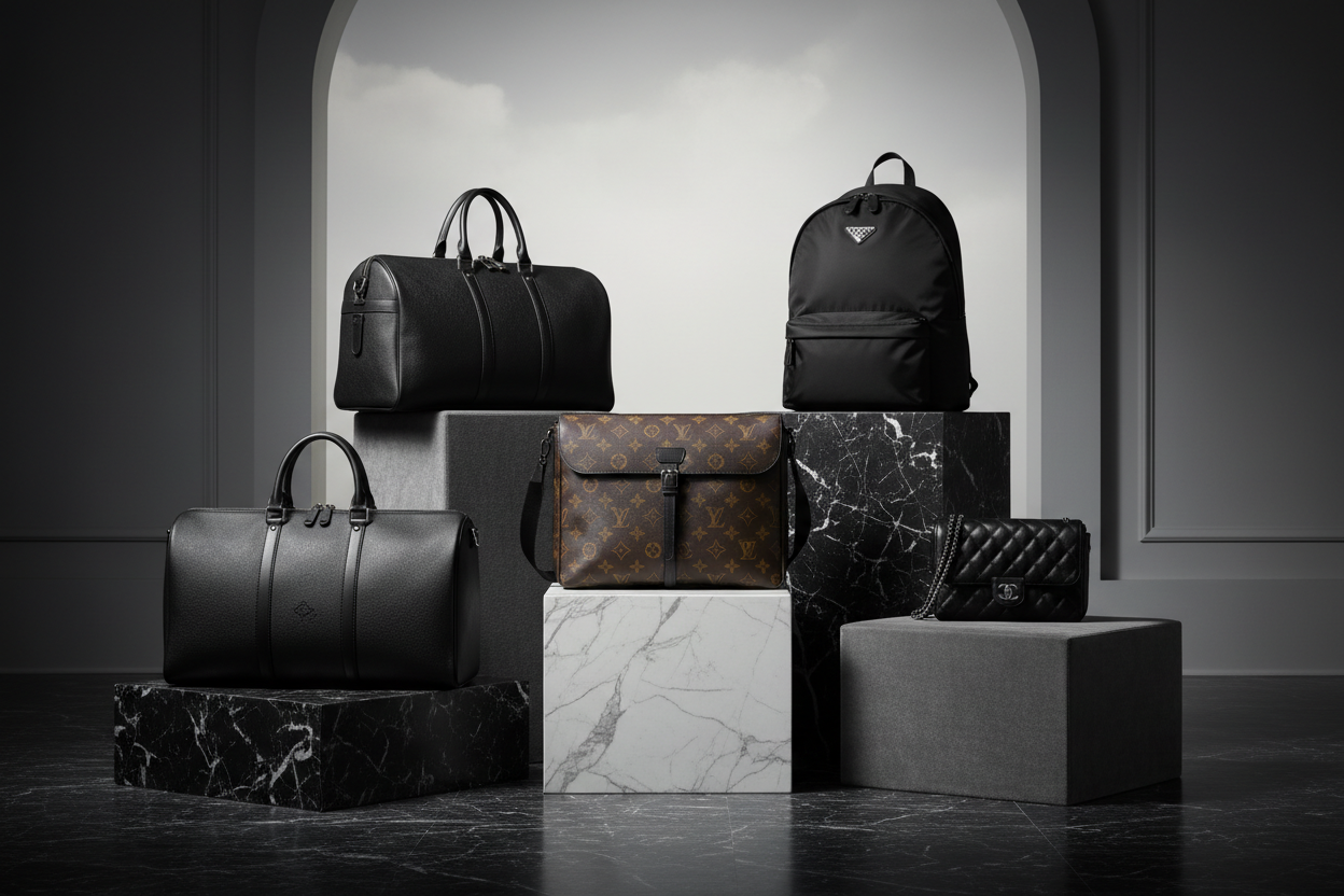 CREAT BEST PICTURE FOR BRANDED BAGS LIKRE GUCCI LOUIS VUTTION PRADA YSL CHANEL AD ALL THIS BRANDED BAGS IN THIS PICTURES LUXURY LOOK BACKGROUND BLACKESH WHITE GRAY GOOD ALL THIS BRANDED BAGS PUTT ON BOEXS for mans