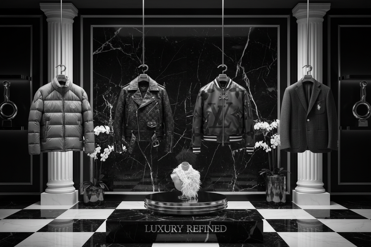 Creat best picture for branded jackets moncler gucci luis vutton polo ad all this brand in picture luxury look branded background blackesh white luxury ad all this good in picture