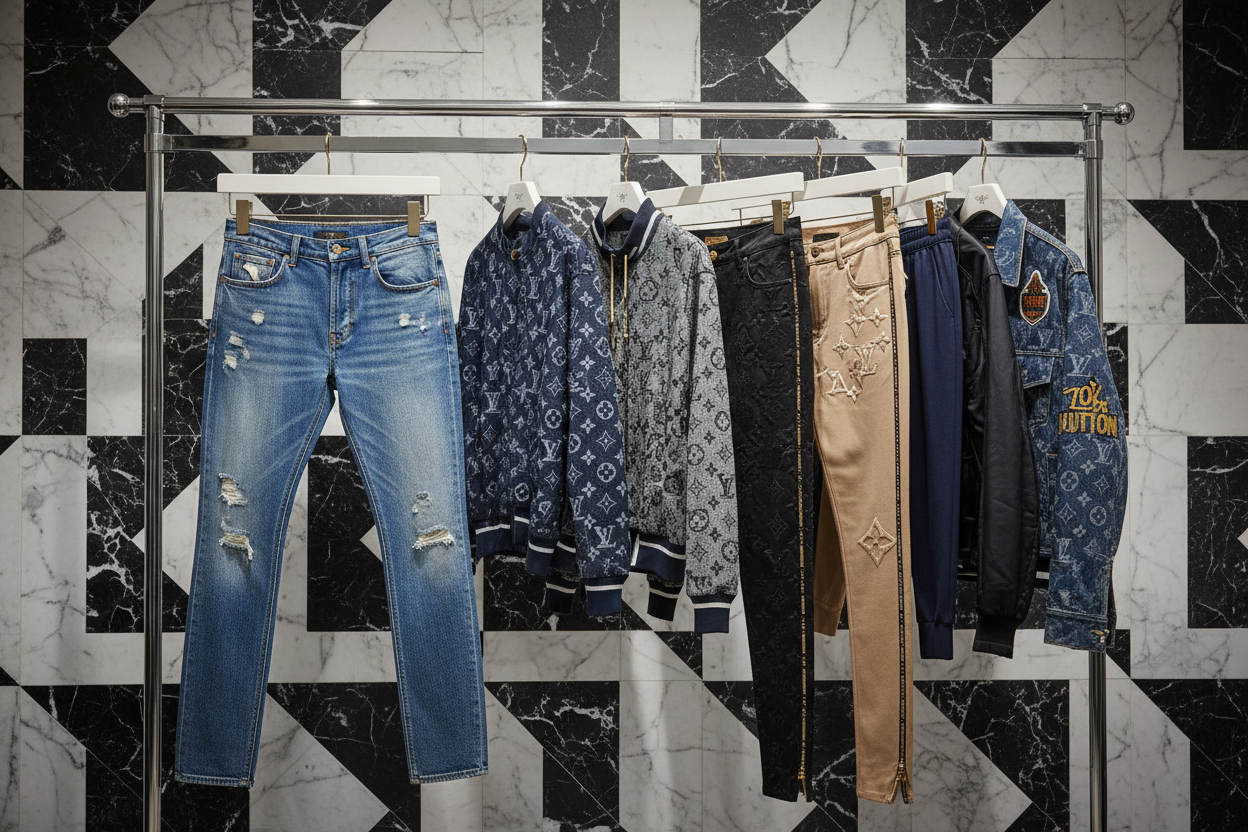 CREAT BEST PICTURE FOR BRANDED JEANS TRACK SUIT BOTH AD ALL THI BRANDED BOTH JEANS PANT AND JACKETS LUIS VUTTON  BACKGROUND BLACKESH WHITE LUXURY LOOK GOOD PUTT IN TRACK  ON JEANS BOTH