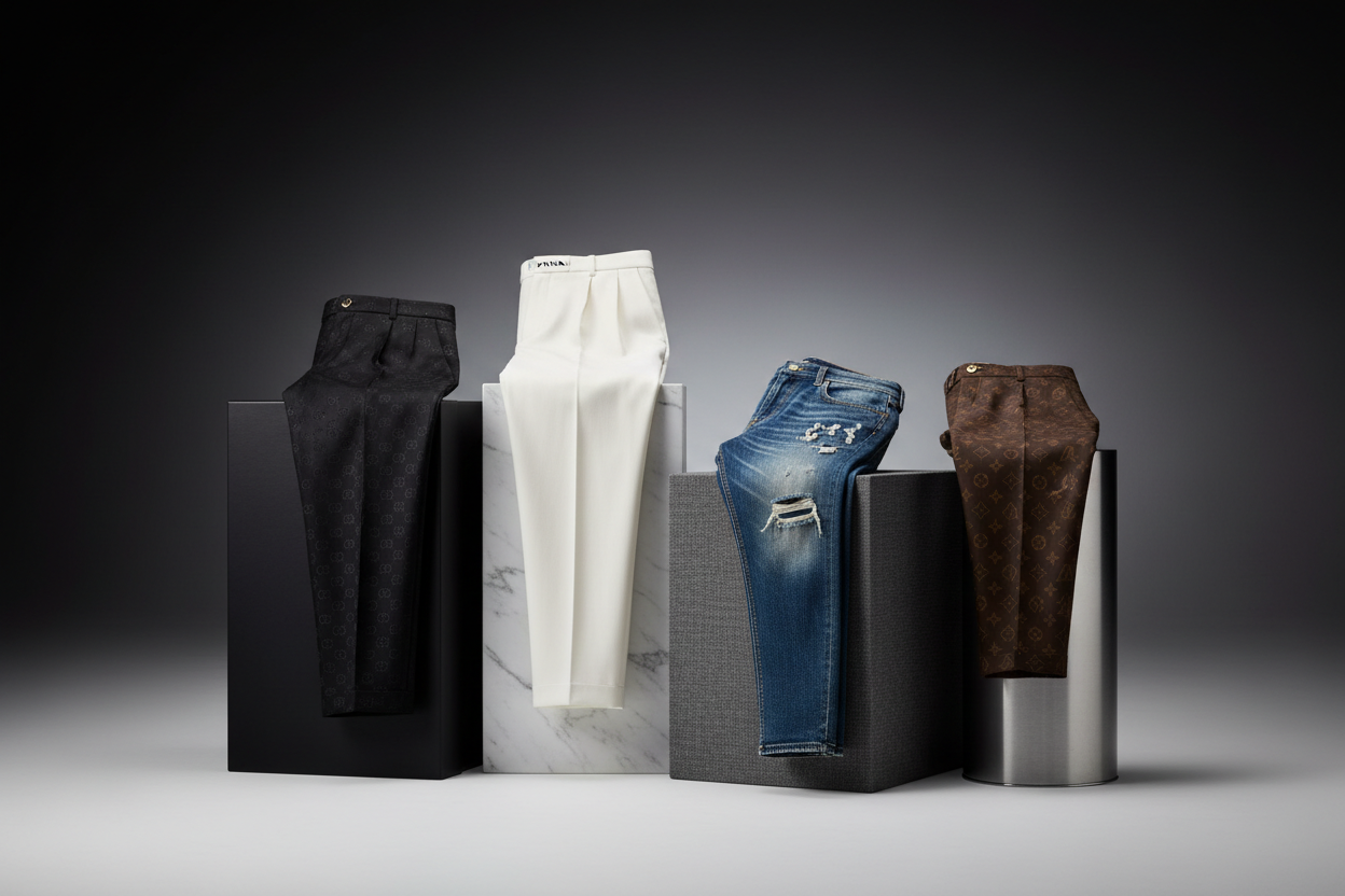 creat best picture for branded  pantaloni like gucci prada amiri louis vutton ad all thid branded pantalone in pictuer background blackesh white gray luxury putt in on bos all thiscreat good