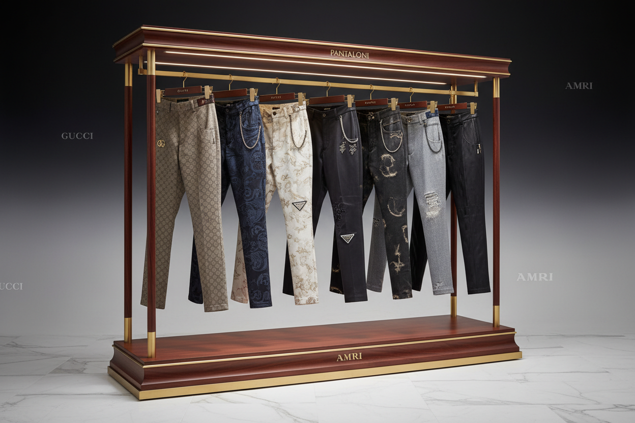 creat best picture for branded  pantaloni like gucci prada amiri louis vutton ad all thid branded pantalone in pictuer background blackesh white gray luxury putt in rack creat good woode