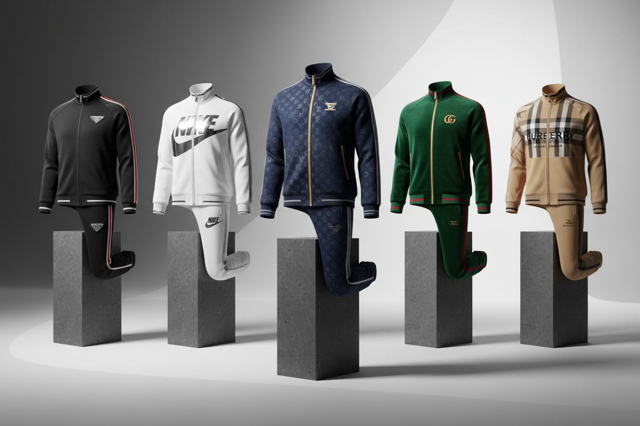 creat best picture for branded tracksuit prada nike luis vutton gucci burberry ad all this branded tracksuit in this picture backeground blackesh whte gray look tracksuit putt on boxes