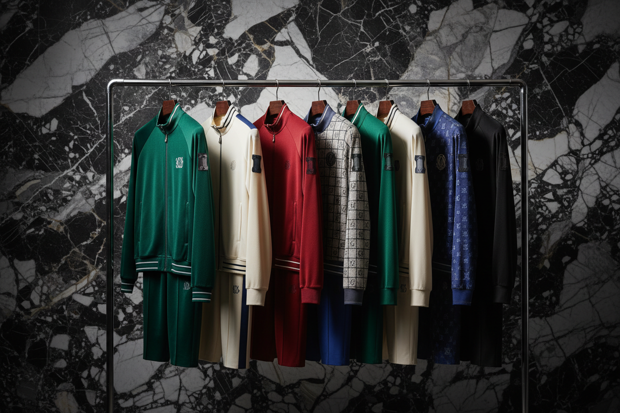 creat best picture for branded tracksuit prada nike luis vutton gucci burberry ad all this branded tracksuit in this picture backeground blackesh whte gray marbal look tracksuit putt on rack