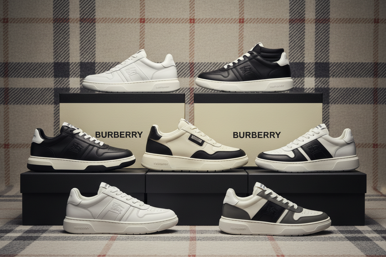 creat best picture for Burberry sneakers ad 5 sneaker  pairs difrent style and colore luxury bleackish whithe with burberry logs background shoes putt on box good look