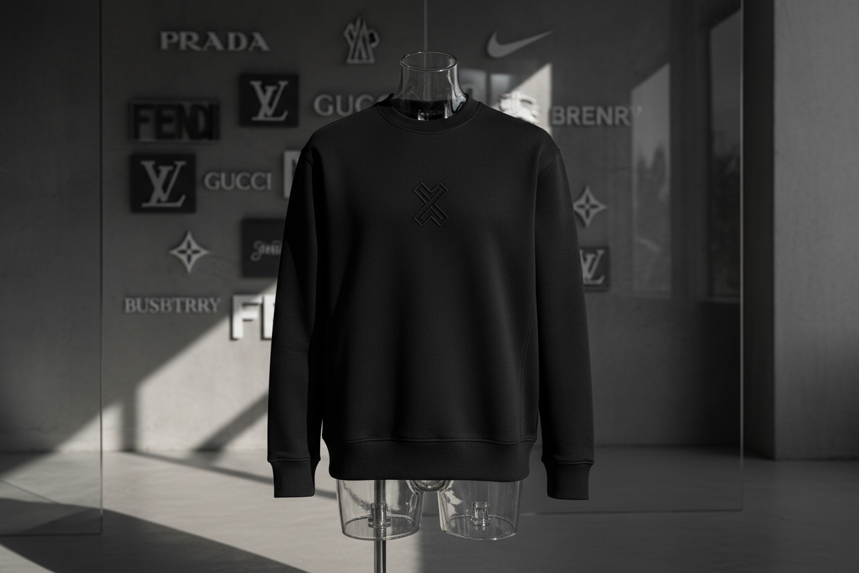 creat best picture for Felpa firmata di alta qualità, realizzata con materiali premium per garantire comfort, durata e morbidezza. Design moderno e curato nei dettagli, con vestibilità comoda e stile versatile. Perfetta per un look casual, streetwear o sportivo, senza rinunciare all’eleganza del brand. Ideale per l’uso quotidiano e per chi cerca qualità e stile in un unico capo. prada gucci nike moncler luis veutton fendi burberry ad all this brand in picture background luxury blackesh white gray luxury 