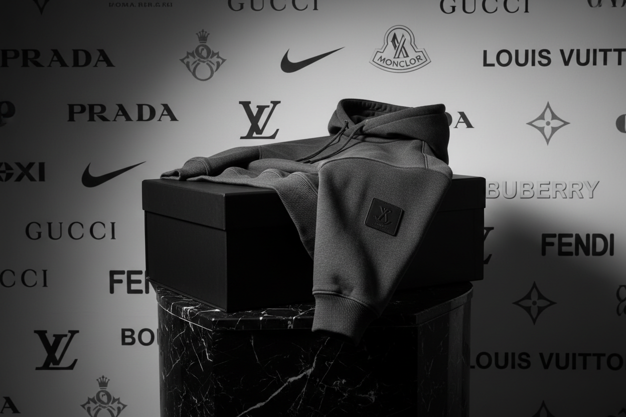 creat best picture for Felpa firmata di alta qualità, realizzata con materiali premium per garantire comfort, durata e morbidezza. Design moderno e curato nei dettagli, . Perfetta per un look casual, streetwear o sportivo, senza rinunciare all’eleganza del brand. Ideale per l’uso quotidiano e per chi cerca qualità e stile in un unico capo. prada gucci nike moncler luis veutton fendi burberry ad all this brand in picture background luxury blackesh white gray luxury ad all hudes in picture putt on box
