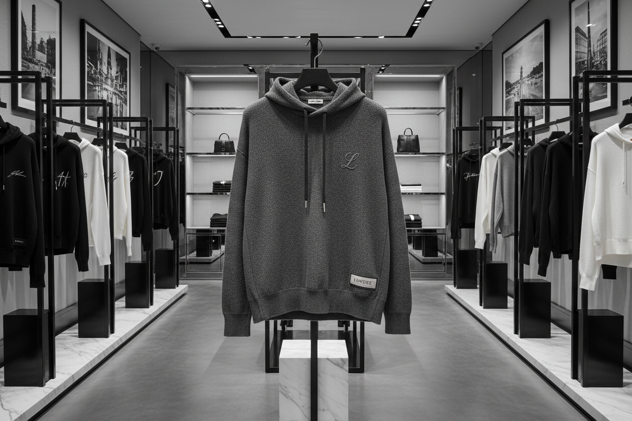 creat best picture for Felpa firmata di alta qualità, realizzata con materiali premium per garantire comfort, durata e morbidezza. Design moderno e curato nei dettagli, . Perfetta per un look casual, streetwear o sportivo, senza rinunciare all’eleganza del brand. r l’uso e per chi cerca qualità e stile in . prada gucci nike moncler luis veutton fendi burberry ad all this brand in picture background luxury blackesh white gray luxury ad all hudes in picture putt in rack rack ad all branded hudes in picture