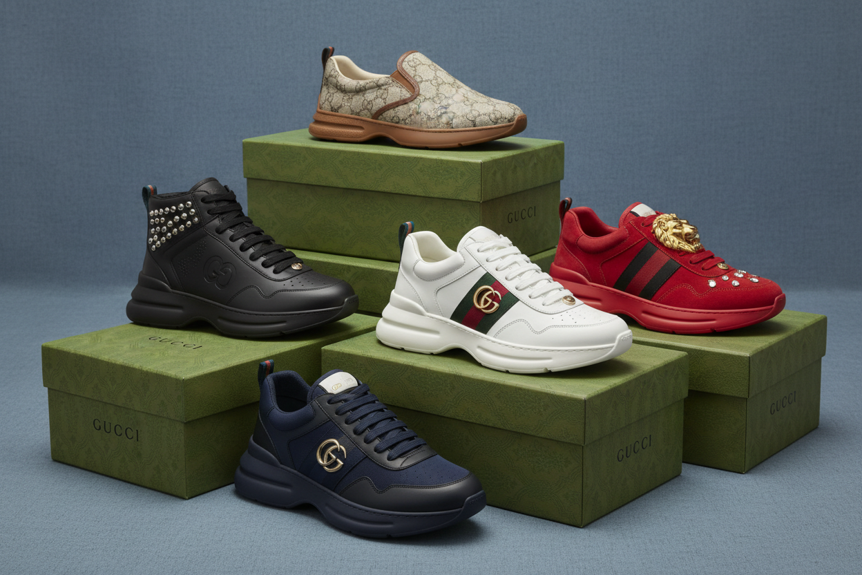 CREAT BEST PICTURE FOR GUCCI SHOES AD 5 DIFRENT SHOES AND COLOR  IN PICTURE BACKGROUND BREAKISH LUXURY GRAY  PUTT ON BOX