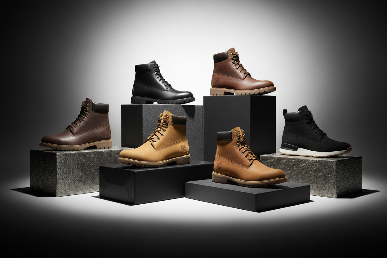 creat best picture for timbarlande shoes ad 5 pictures in pic difrent model background Blackes whitte and shoes putt on box luxury