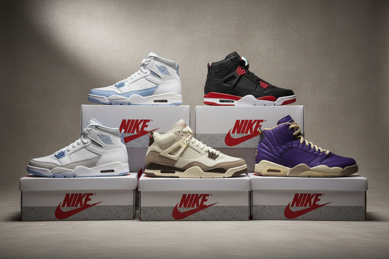 CREAT BEST PICTURE FORJORDANS SHOES AD 5 DIFRENT SHOES AND COLOR  IN PICTURE BACKGROUND BREAKISH LUXURY GRAY  PUTT ON BOX