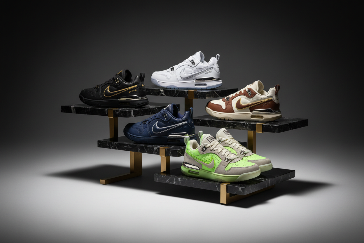 Creat best picture Nocta hote stap 2 Nocta glide Nocta air zoom drive 5 pairs pictures in this picture difrent colore and difrent models backdround blackwhite shoe put in racke luxury look