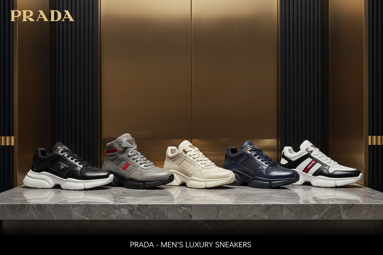 Creat best script for creat best banner prada  shoes mans only heading best quality and premum qualityand 5 models shoes Sneaker more atectiv and premium and luxury background high quality