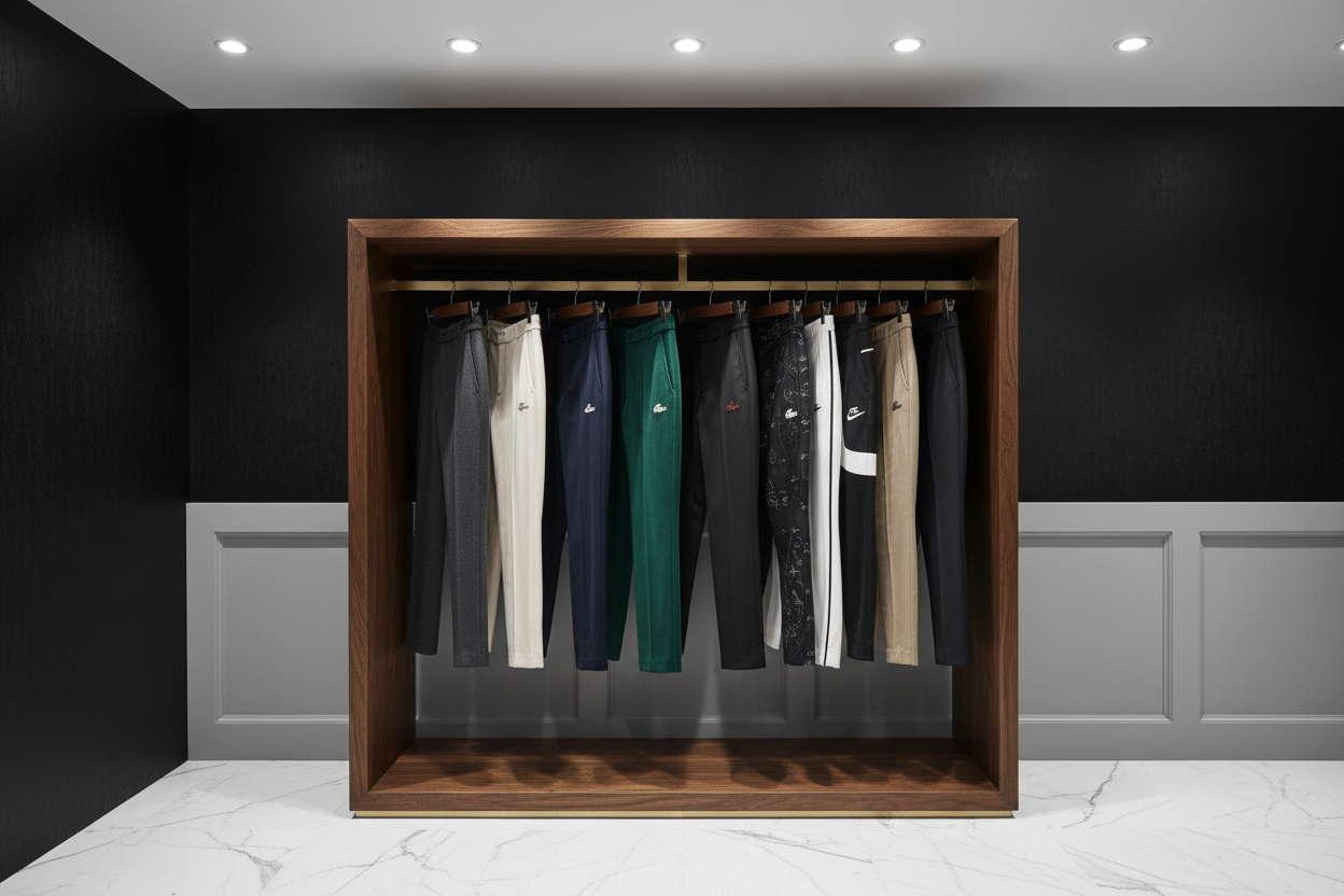 creatr best picture for trousers branded luxury prada luis vutton gucci amiri nike lacos ad all this branded touusers in picture background luxury black white gray woode style putt in rack this branded trousers