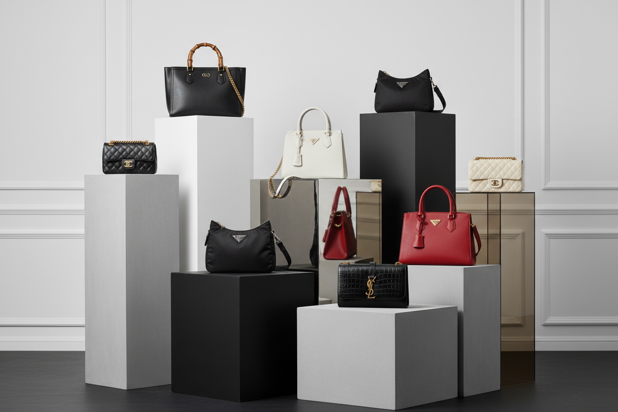 “Scopri l’eccellenza dello stile con la nostra collezione esclusiva di borse di lusso firmate Gucci, Louis Vuitton, Prada, YSL e Chanel: un’icona di eleganza senza tempo presentata in un raffinato scenario dai toni nero, bianco e grigio, con borse esposte su box minimal per un look sofisticato e moderno. Approfitta ora del 30% di sconto su tutte le collezioni, inclusi i nuovi arrivi, e lasciati conquistare da design iconici, materiali pregiati e dettagli impeccabili pensati per chi ama distinguersi con clas